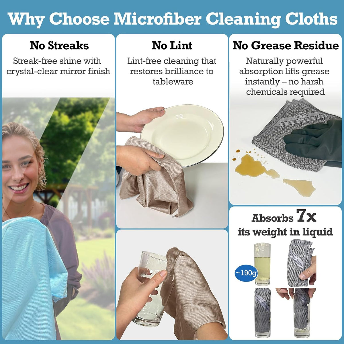 2-Step Glass Cleaning Cloth 3-Pack - Lint-Free Microfiber Towels Polish & Scrub Kit - Water Only