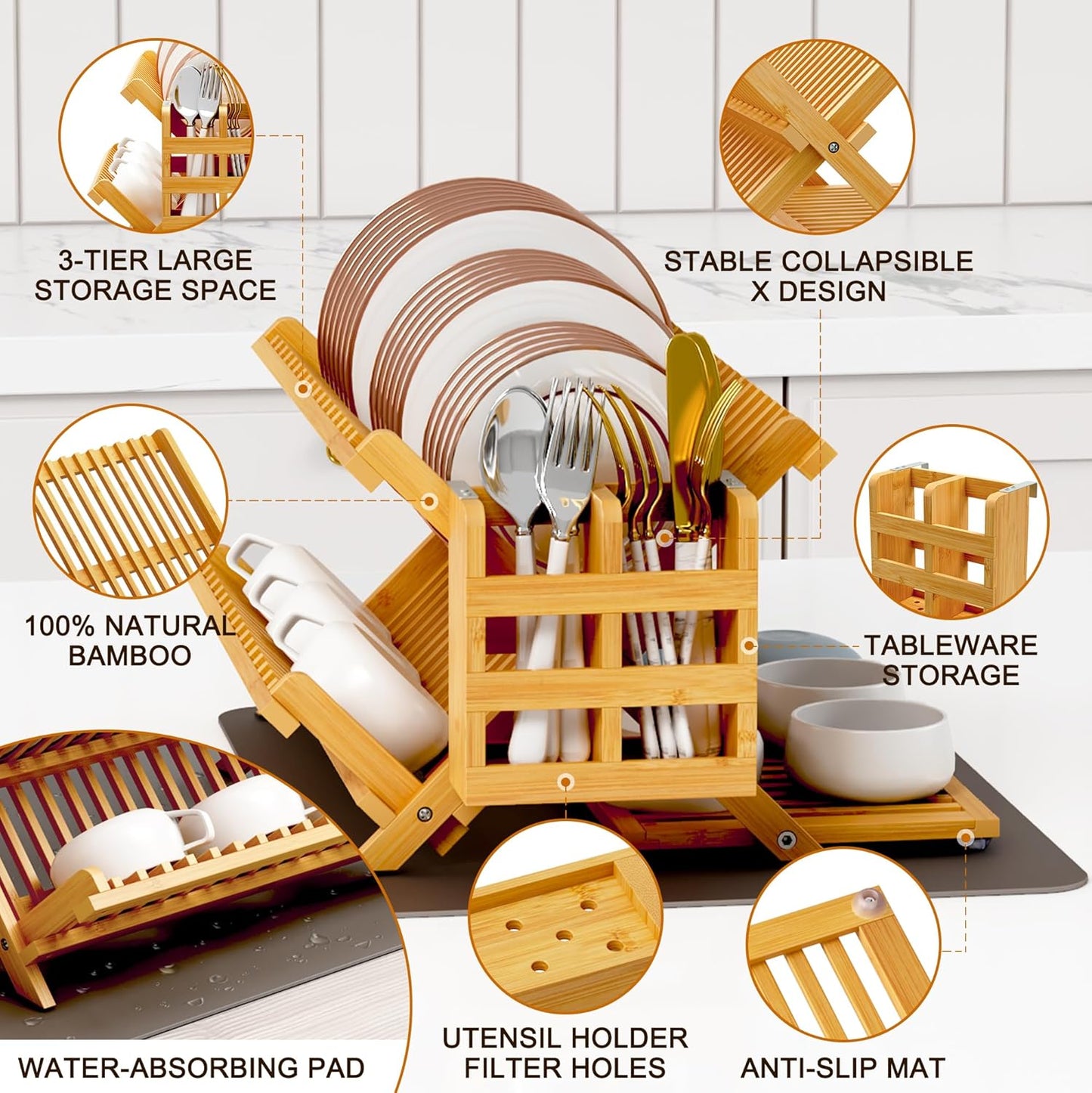 Greenual Bamboo Dish Drying Rack with Utensil Holder, 3 Tier Collapsible Dish Rack, Wooden Dish