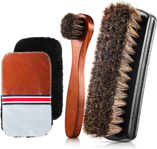 4 Pcs Horsehair Shine Shoes Brush Kit Polish Dauber Applicators Cleaning Leather Shoes Boots Care