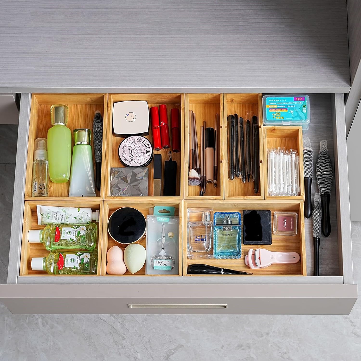 Fabsome Drawer Organizer, Set of 9 Bamboo Wood Kitchen Makeup Desk Junk Tea Drawer Storage Boxes