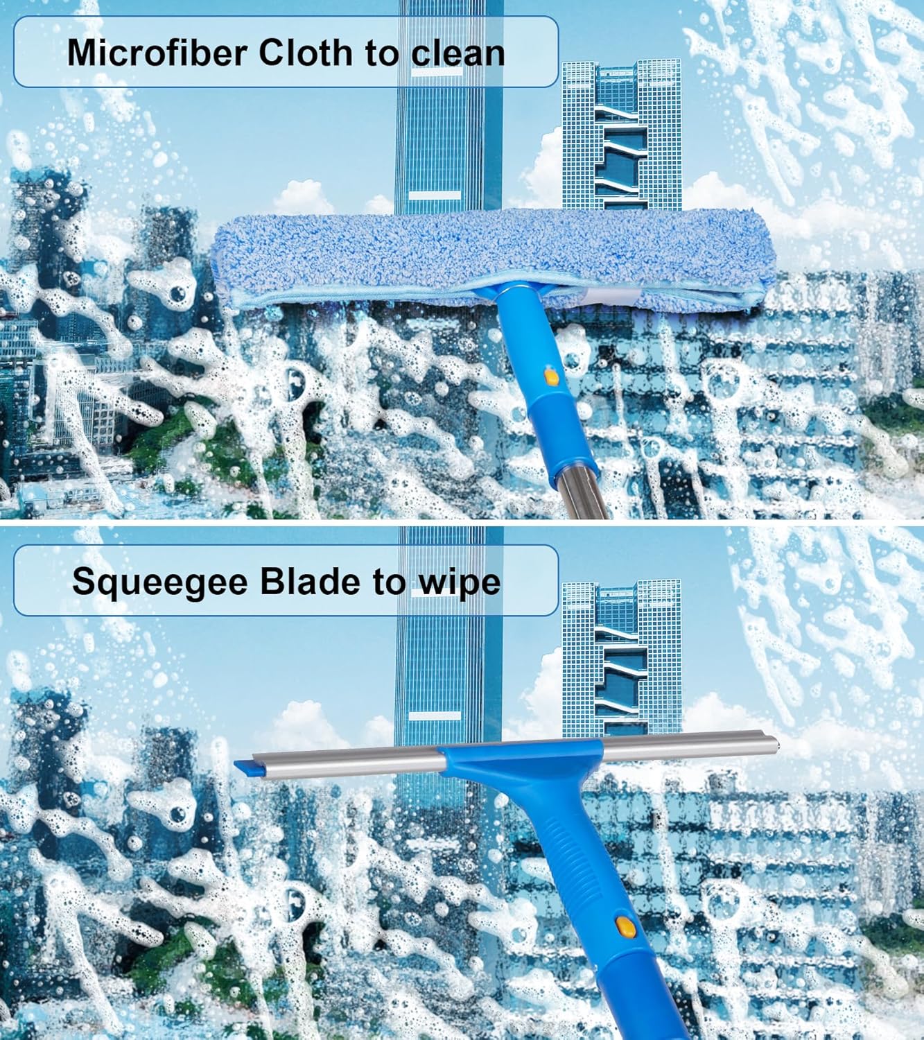 Window Squeegee Cleaner with 4 Stainless Steel Extension Poles,Long Reach to 58inch, Scrubber