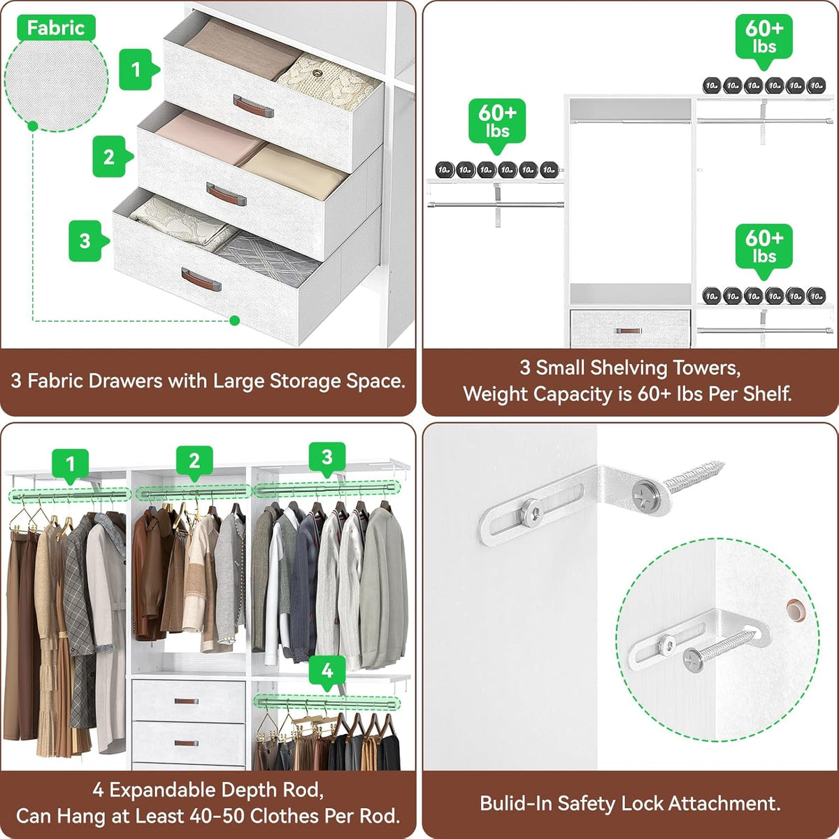 Armocity 5FT Small Closet System with 3 Fabric Drawers, 60 Inches Walk In Closet Organizer System