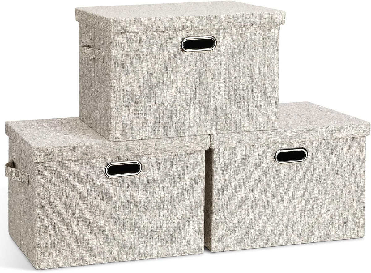 Large Quart Collapsible Stackable Storage Bins with Lids, 3 Packs Beige Linen Fabric Closet Boxes