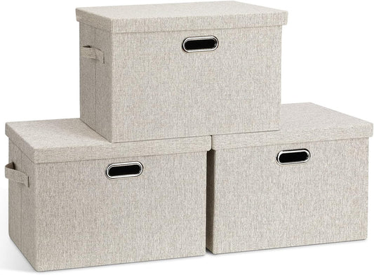Large Quart Collapsible Stackable Storage Bins with Lids, 3 Packs Beige Linen Fabric Closet Boxes