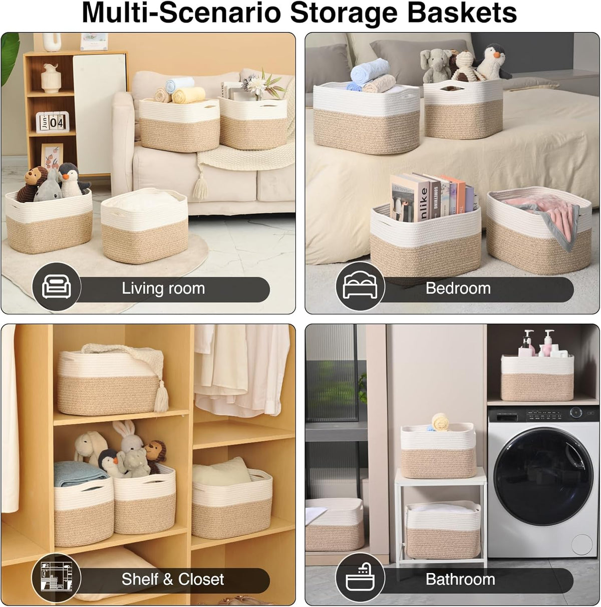Storage Baskets for Organizing & Shelves, Woven Cotton Rope Organization Bins for Dog Toys