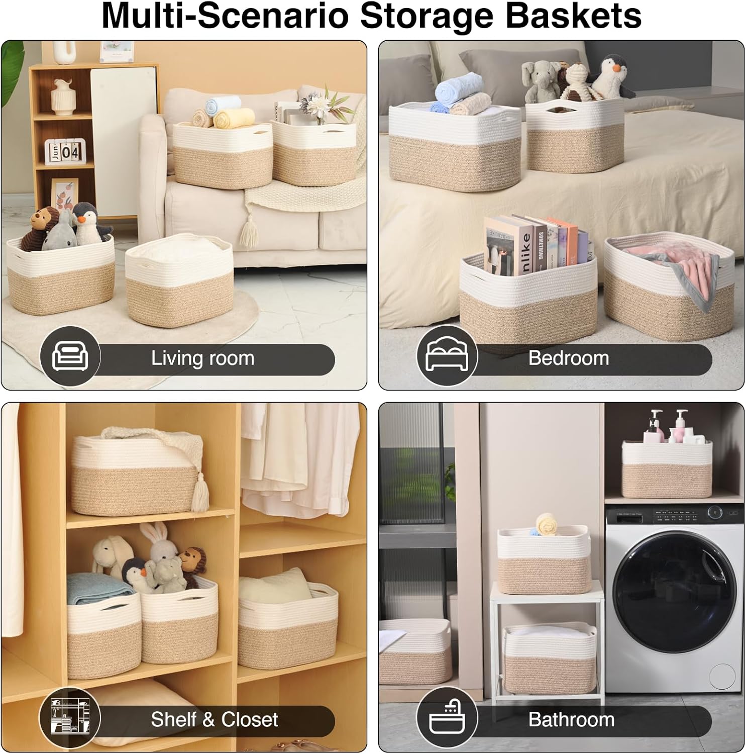 Storage Baskets for Organizing & Shelves, Woven Cotton Rope Organization Bins for Dog Toys