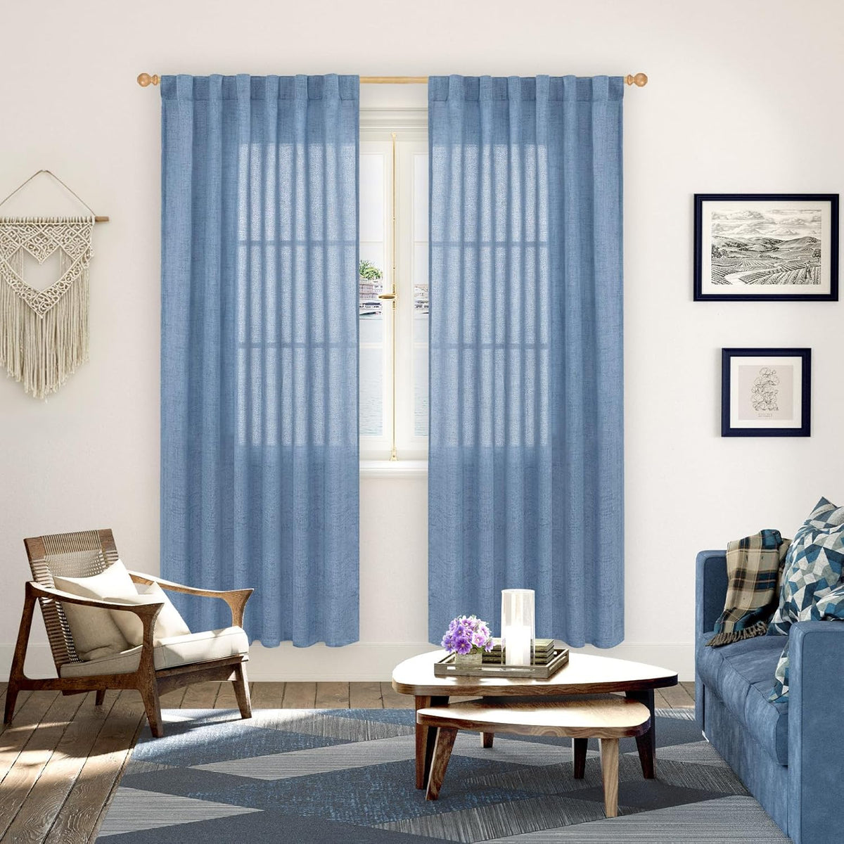 YoungsTex Denim Blue Linen Curtains 78 Inch Length for Living Room, Light Filtering Semi Sheer