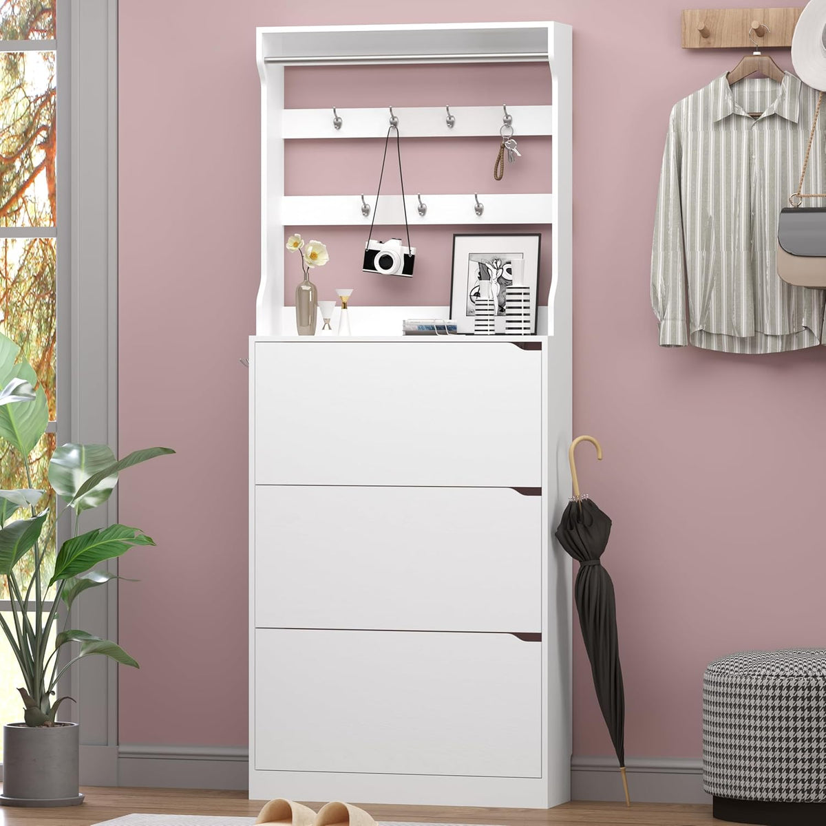 Shoe Cabinet with 3 Flip Drawers & Coat Rack, Narrow Hidden Shoe Storage Cabinet, 2-in-1 Hall Tree