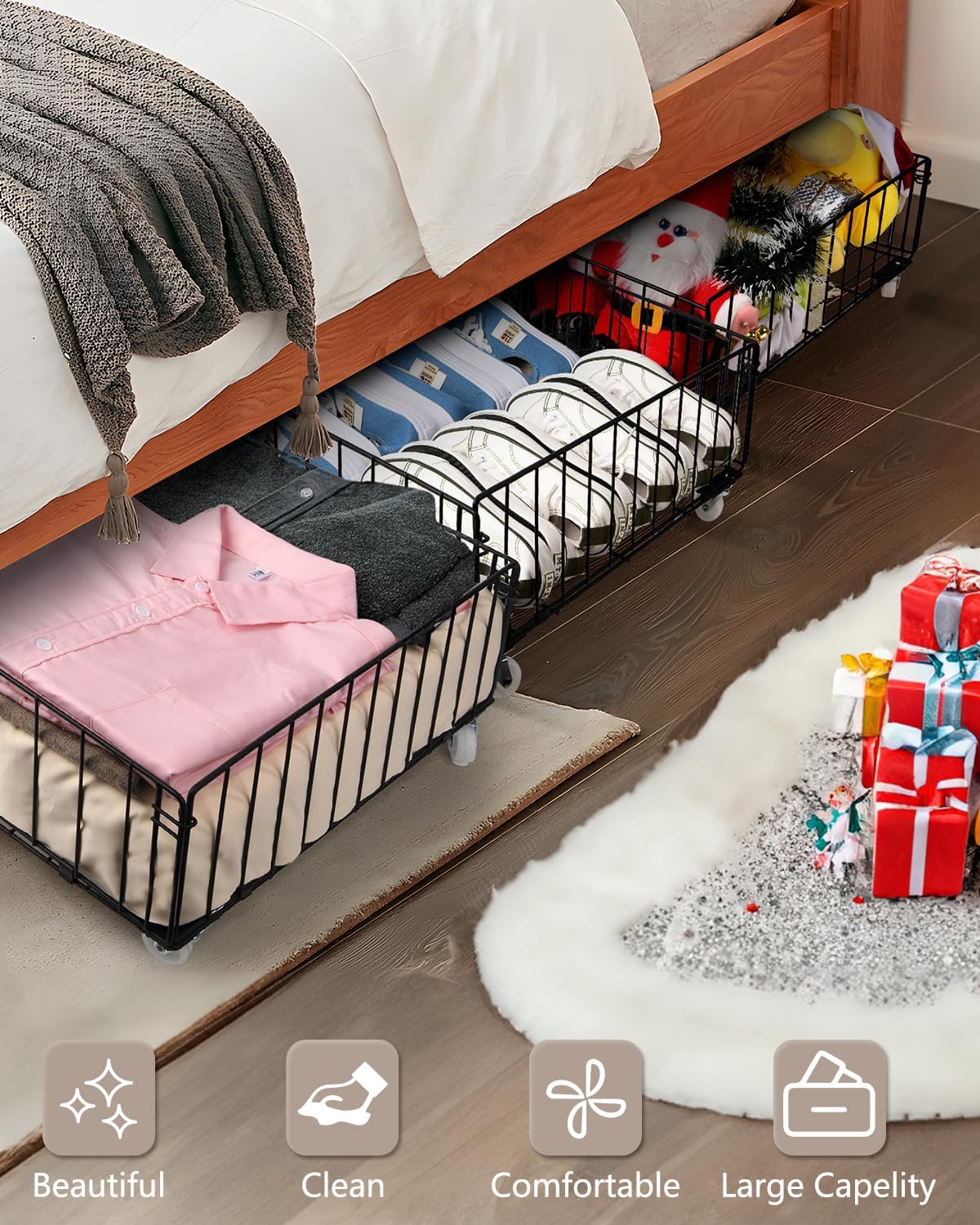 4 Pack Larger Under Bed Storage With Wheels,Rolling Under Bed Drawer,Under Bed Shoes Storage,Open