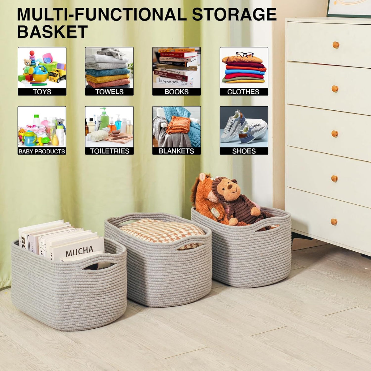 Storage Baskets for Organizing Shelves, Woven Cotton Rope Bins for Baby Nursery Organization, Book