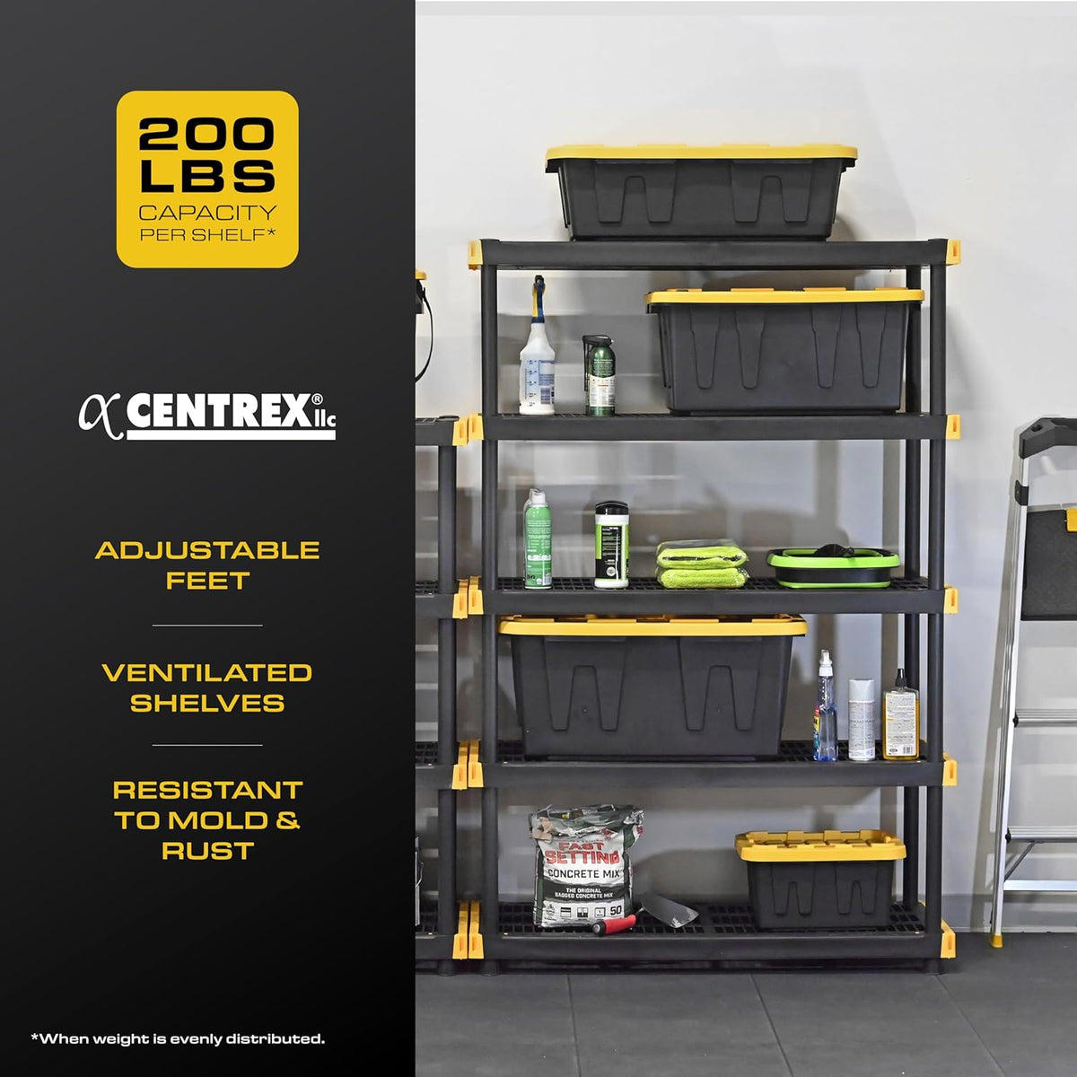 CX Black & Yellow®, 5-Tier Heavy Duty Plastic Storage Shelving Unit, 200lbs/shelf (72”H x 48”W x