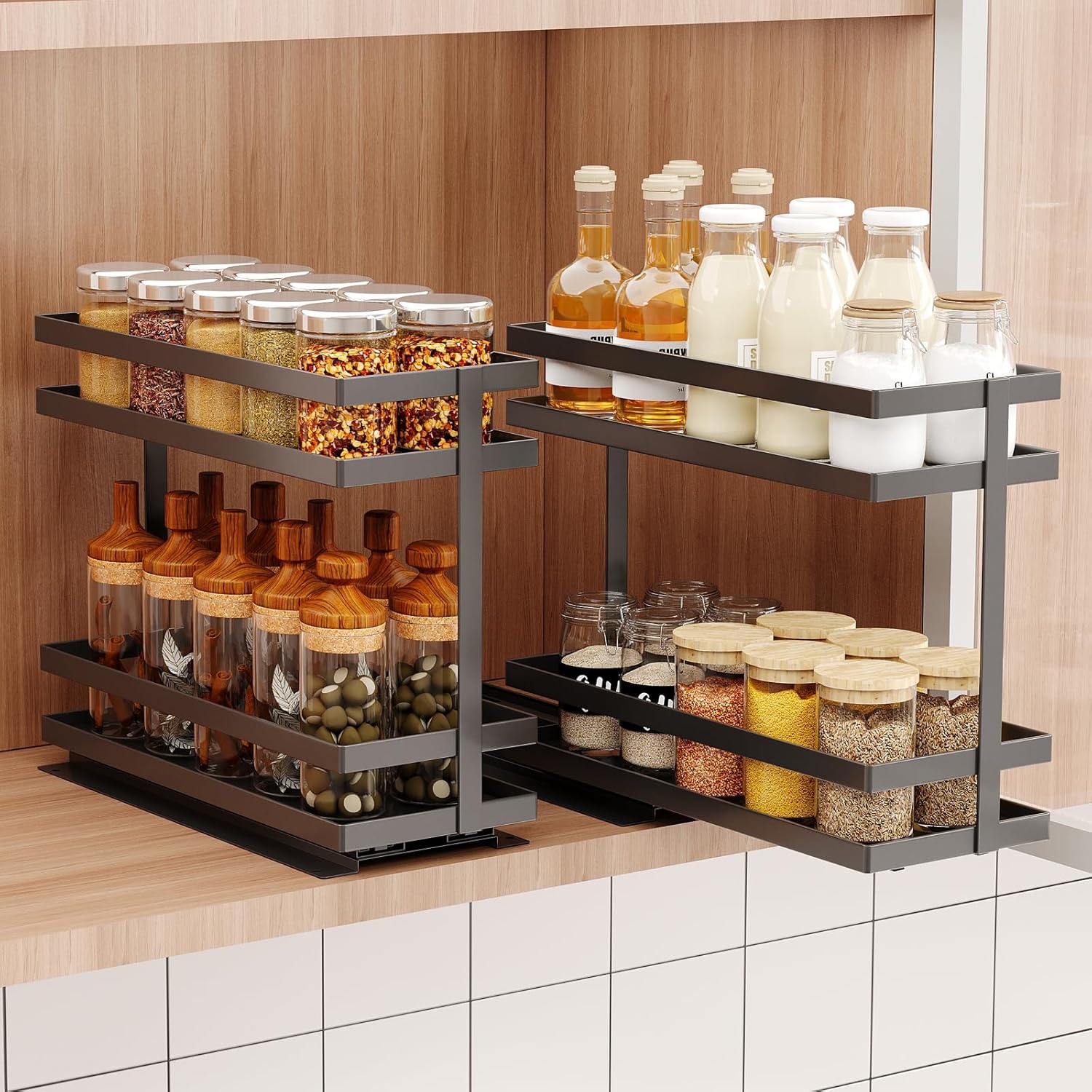 2 Pack Pull Out Spice Rack Organizer for Cabinet, 2 Tier Metal Slide Out Seasoning Organizer and