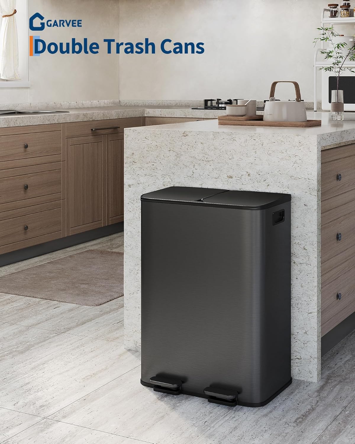 GarveeHome 2 x 8 Gallon Stainless Steel Double Trash Can with Lid for Kitchen, Large Dual Trash and