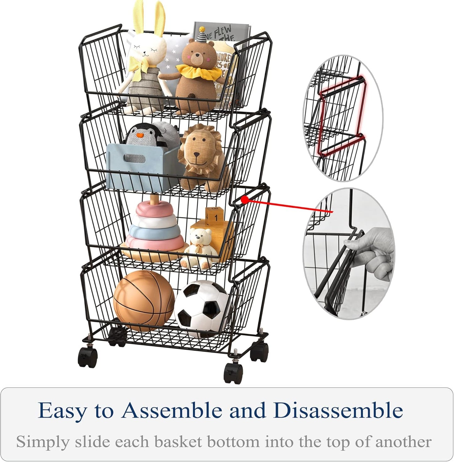 PUSDON 4-Tier Stackable Metal Storage Baskets, Anti-Rust Fruit Vegetable Rack, Dual Use Shelf for
