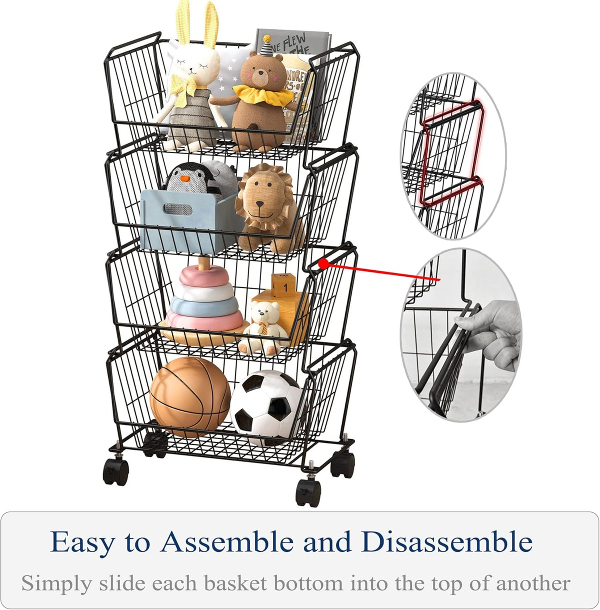 PUSDON 4-Tier Stackable Metal Storage Baskets, Anti-Rust Fruit Vegetable Rack, Dual Use Shelf for