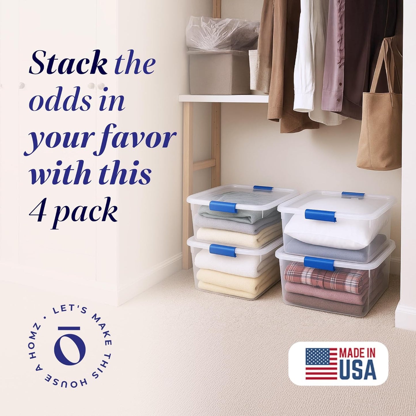 HOMZ 4-Pack Latching Lid, Small Clear Plastic Storage Bins w/ Lids, 15.5 Quart, Blue Latch