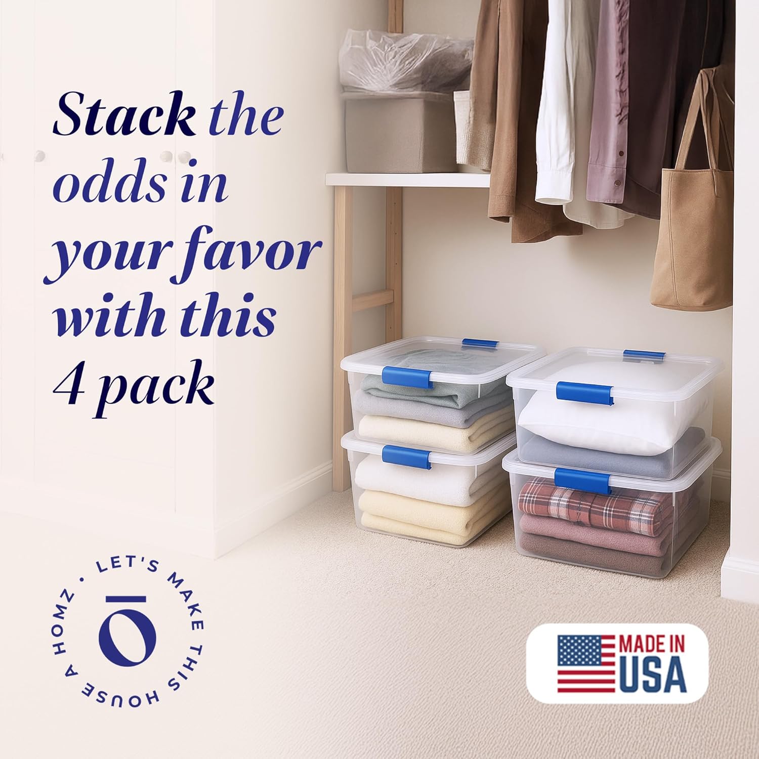 HOMZ 4-Pack Latching Lid, Small Clear Plastic Storage Bins w/ Lids, 15.5 Quart, Blue Latch