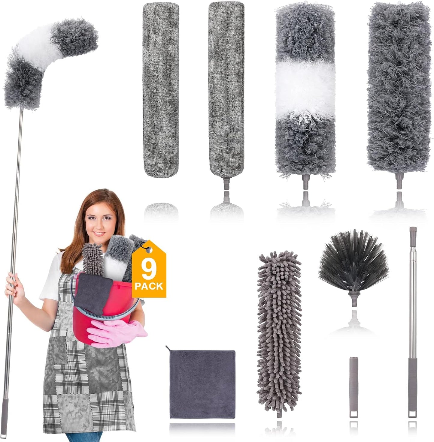 Microfiber Duster for Cleaning Fan, High Ceiling, Blinds, Furniture, Cars , 9PCS Extendable Feather