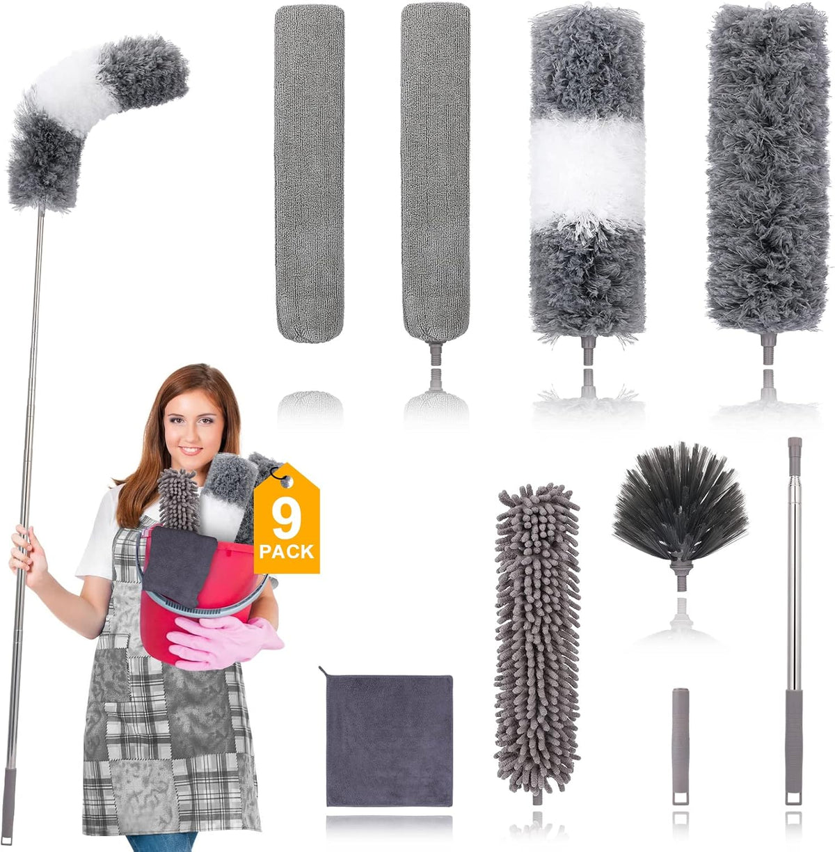 Microfiber Duster for Cleaning Fan, High Ceiling, Blinds, Furniture, Cars , 9PCS Extendable Feather