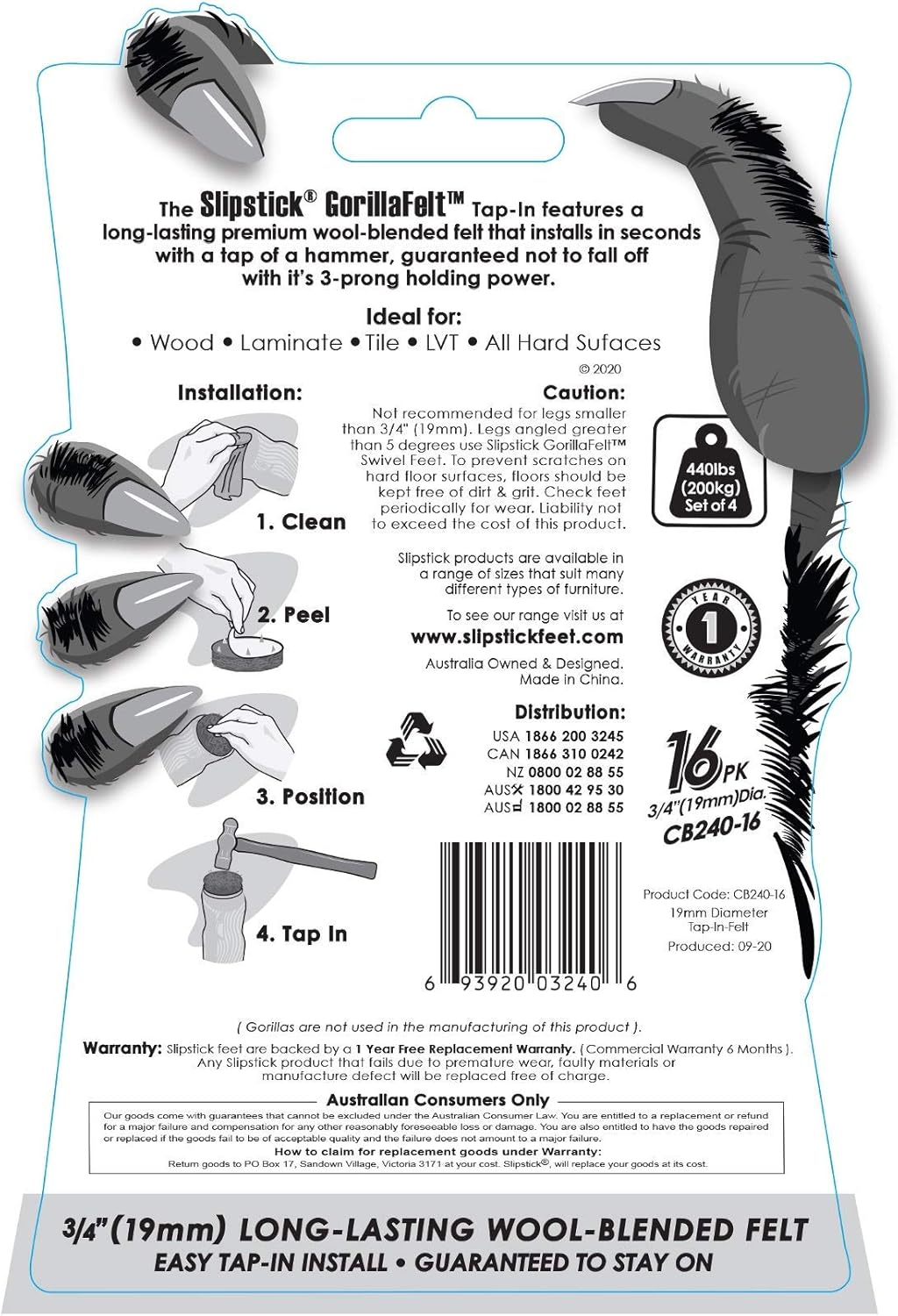 Slipstick GorillaFelt 3/4 Inch Chair Leg Floor Protectors/Felt Glides (Set of 16) Tap On Felt