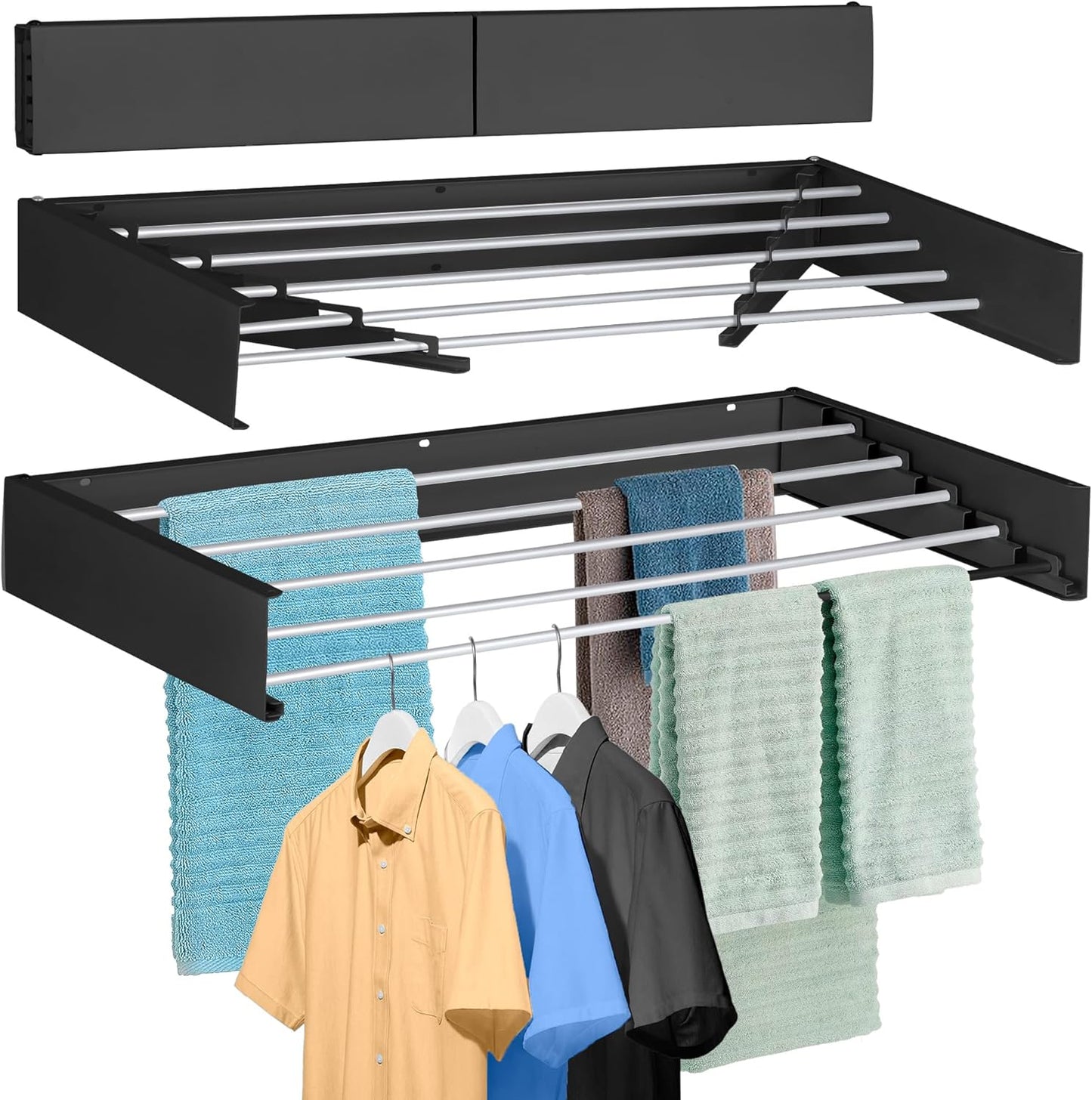 FOCHIER F Laundry Drying Rack Wall Mounted Clothes Drying Rack Collapsible with 5 Aluminum Rods and