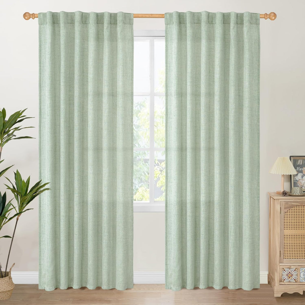 YoungsTex Sage Green Curtains 80 Inch Length for Living Room, Semi Sheer Linen Drapes Light