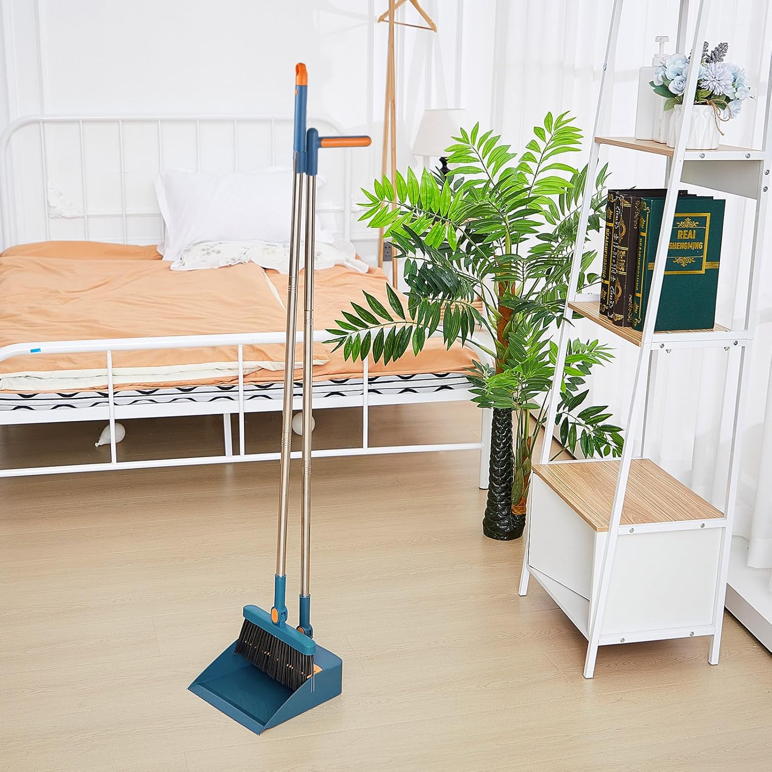 Suclain 4 Set 8 Pcs Broom and Dustpan Set 47 Inch Long Handle Brooms for Sweeping Indoor Household