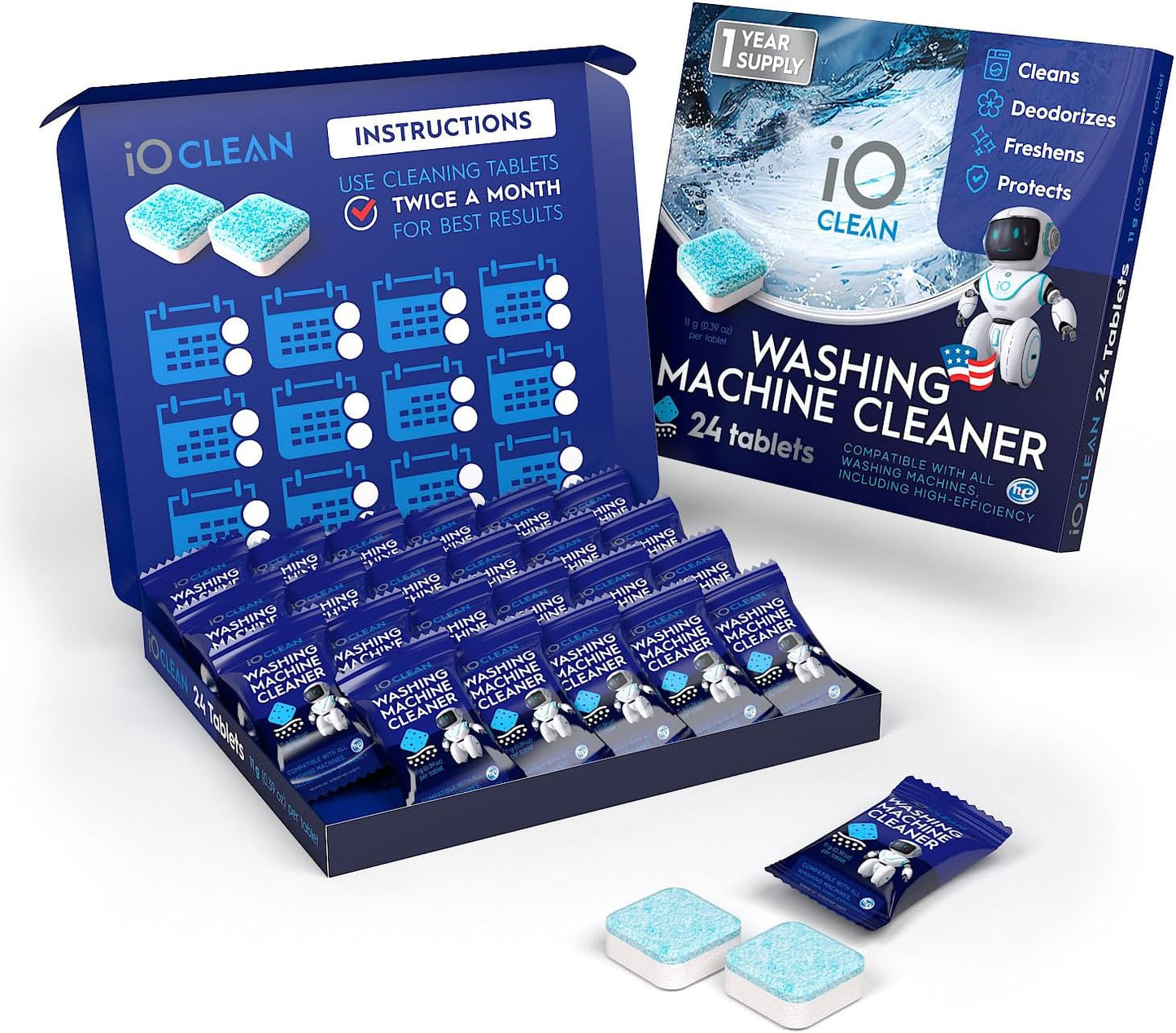 Washing Machine Cleaner and Descaler Tablets 24 Pcs - Deep Clean and Descaling for HE Front and Top