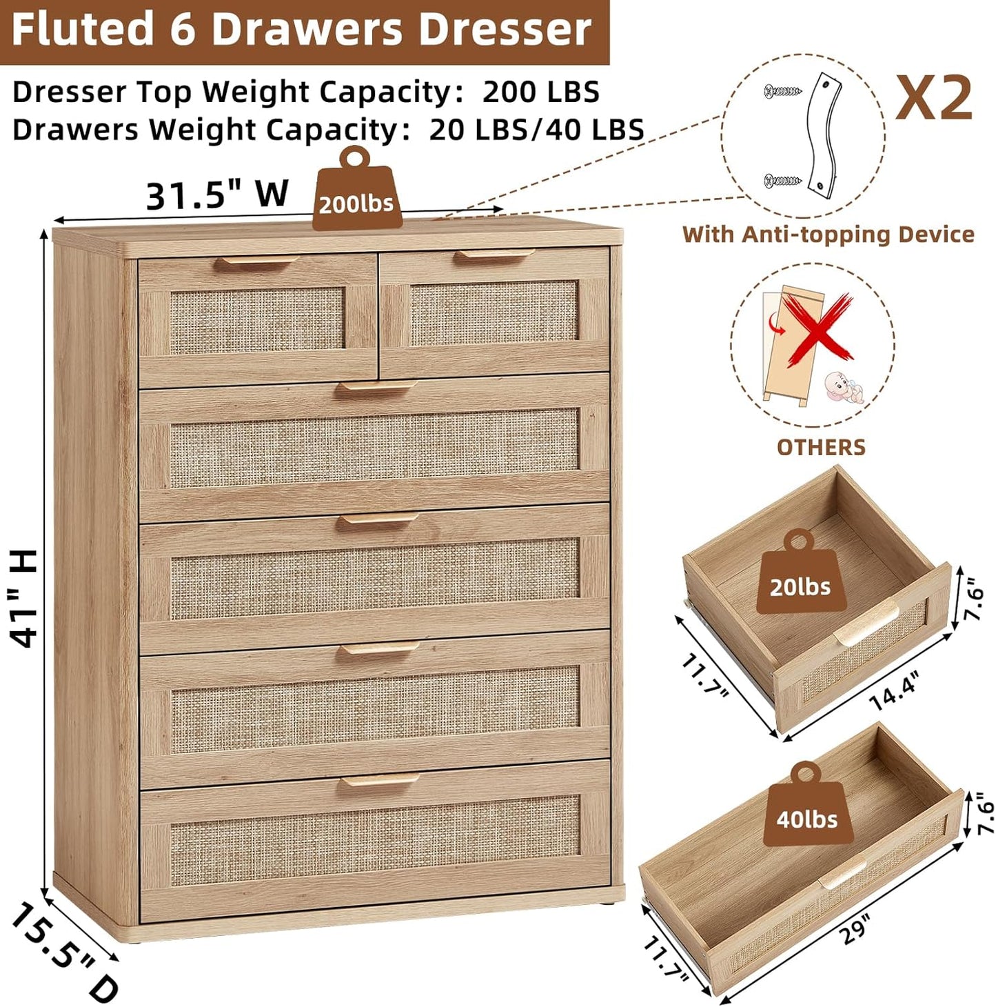 LEYAOYAO Rattan Dresser for Bedroom, 42" Tall Chest of Drawers, Modern 6 Drawers Boho Dressers with