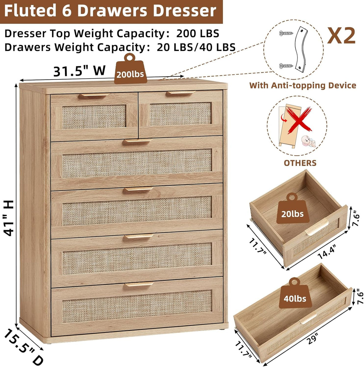 LEYAOYAO Rattan Dresser for Bedroom Set of 2, 42" Tall Chest of Drawers, Modern 6 Drawers Boho