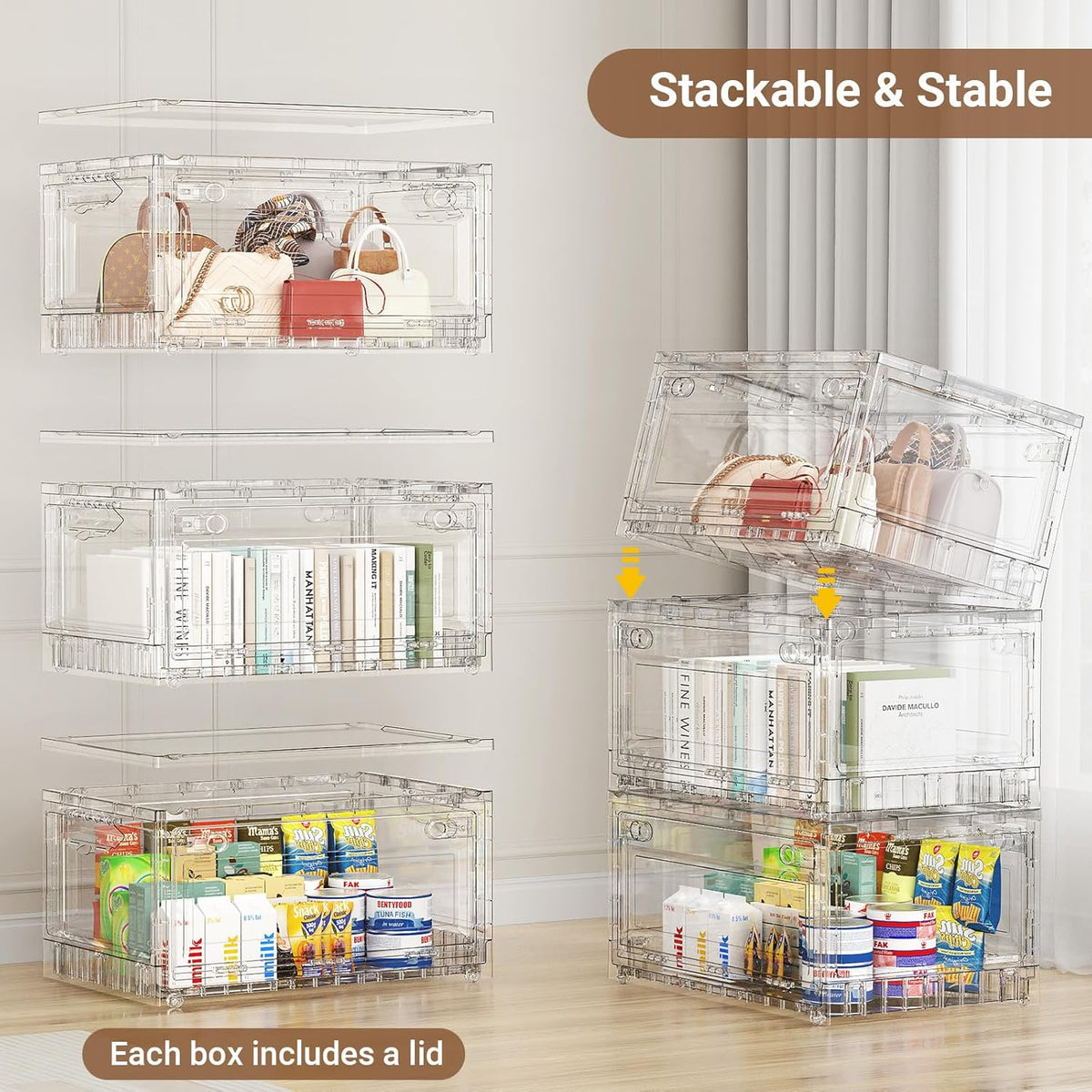 BROVIEW Clear Stackable Storage Bins Drawers, Open Front Large Plastic Storage Bins with Lids