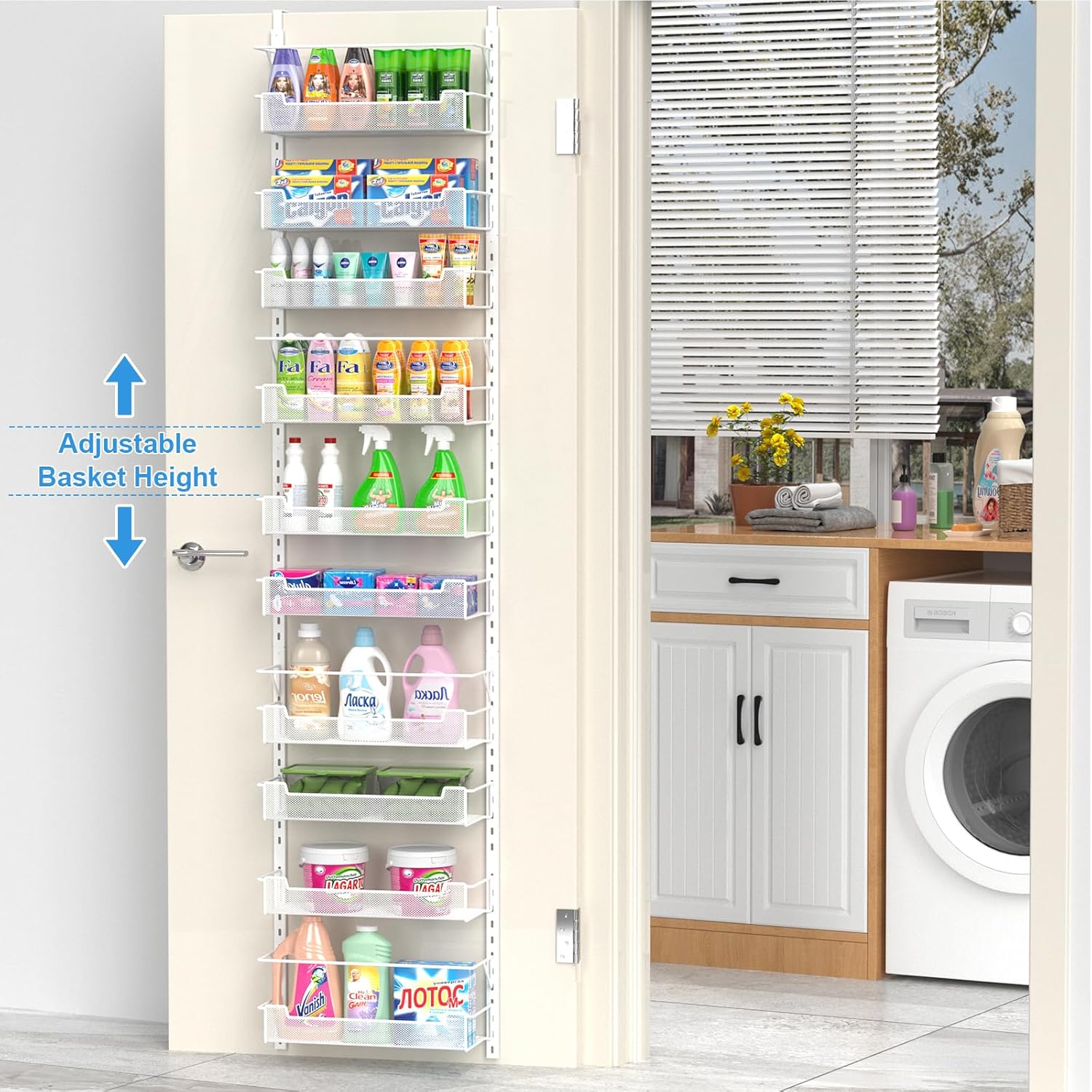 Over the Door Pantry Organizer, 10-Tier Over the Door Organizer with Adjustable Basket, Pantry Door