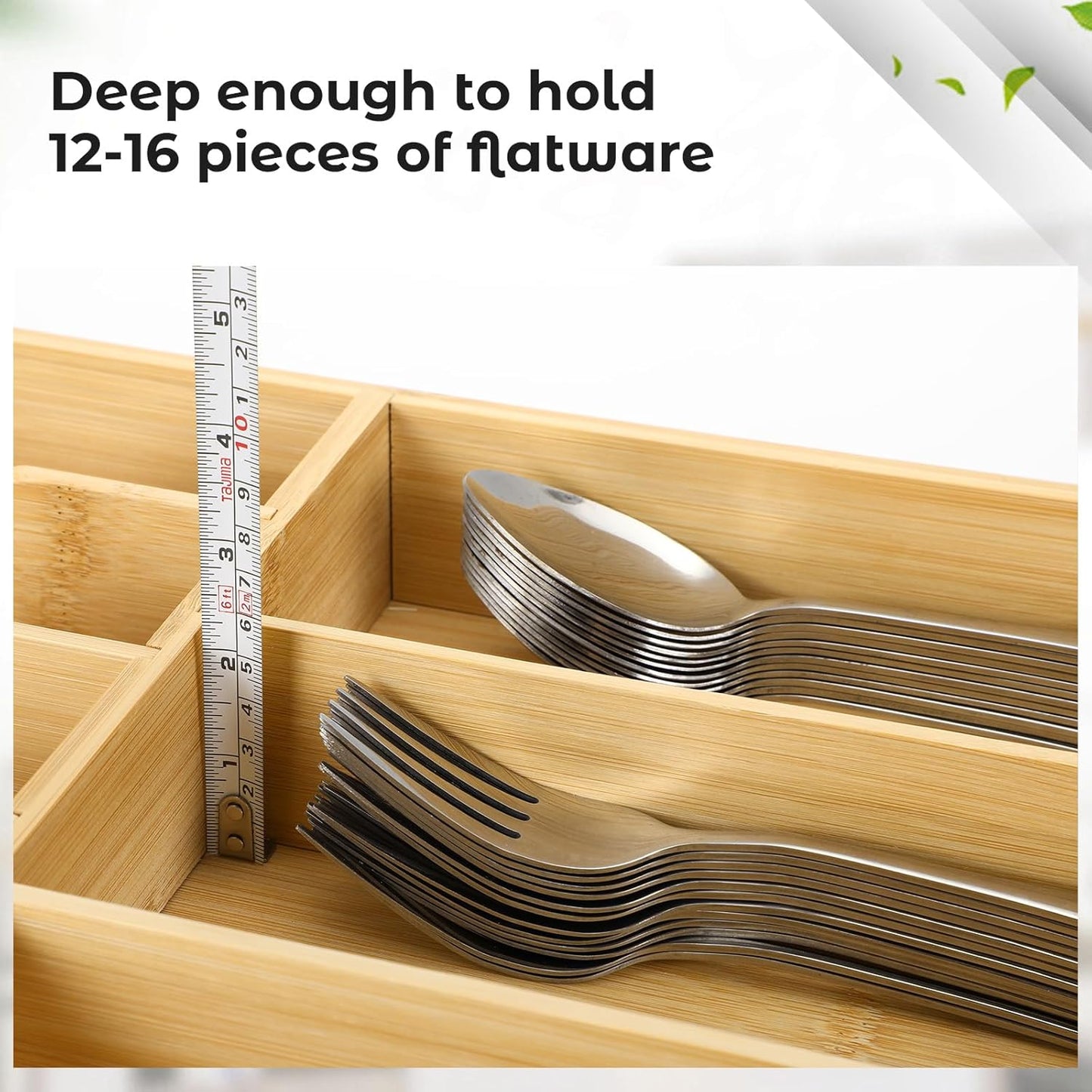 Fabsome Silverware Organizer for Kitchen Drawers, 2.5'' Deep 18.8'' Wide Bamboo Wood Flatware Tray