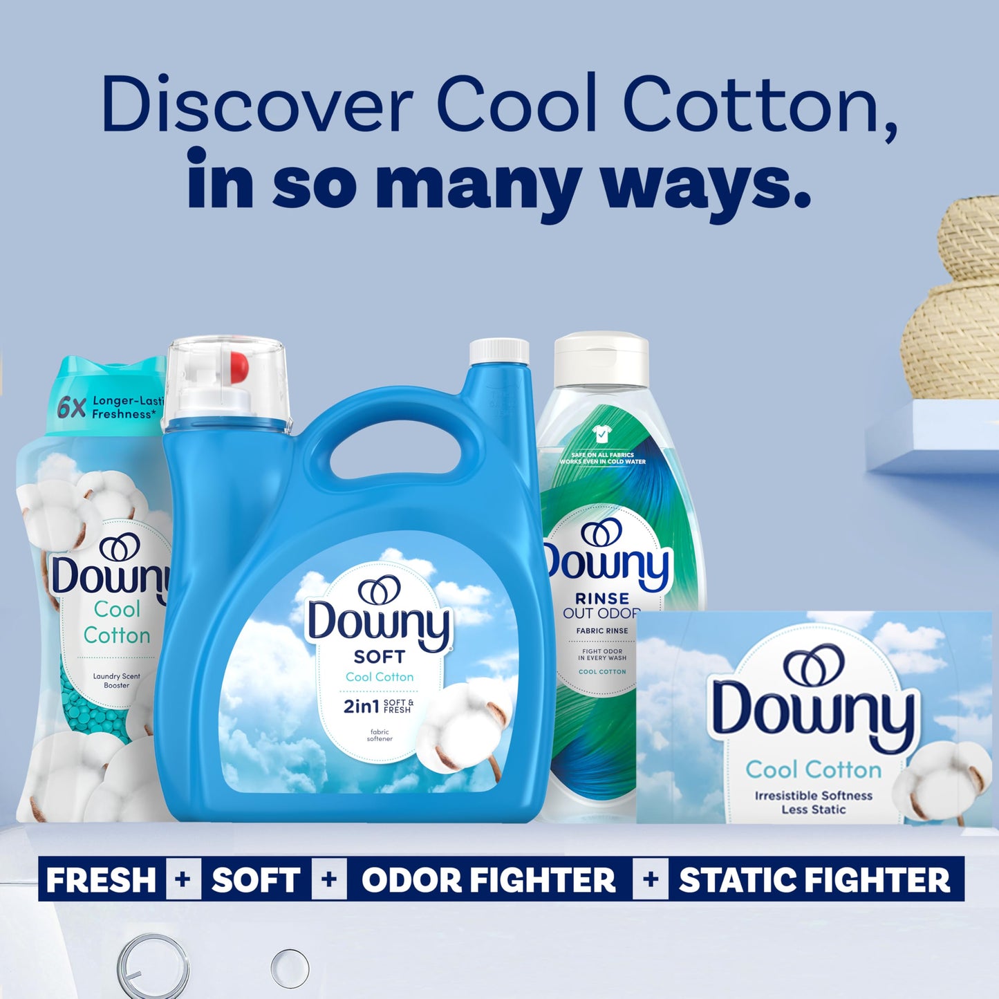 Downy Soft, 2 in 1 Soft and Fresh Liquid Fabric Softener, Cool Cotton, 140 fl oz, 190 Loads, Fabric