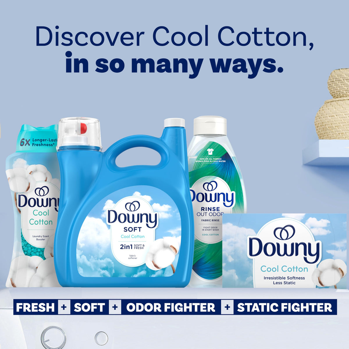 Downy Soft, 2 in 1 Soft and Fresh Liquid Fabric Softener, Cool Cotton, 140 fl oz, 190 Loads, Fabric