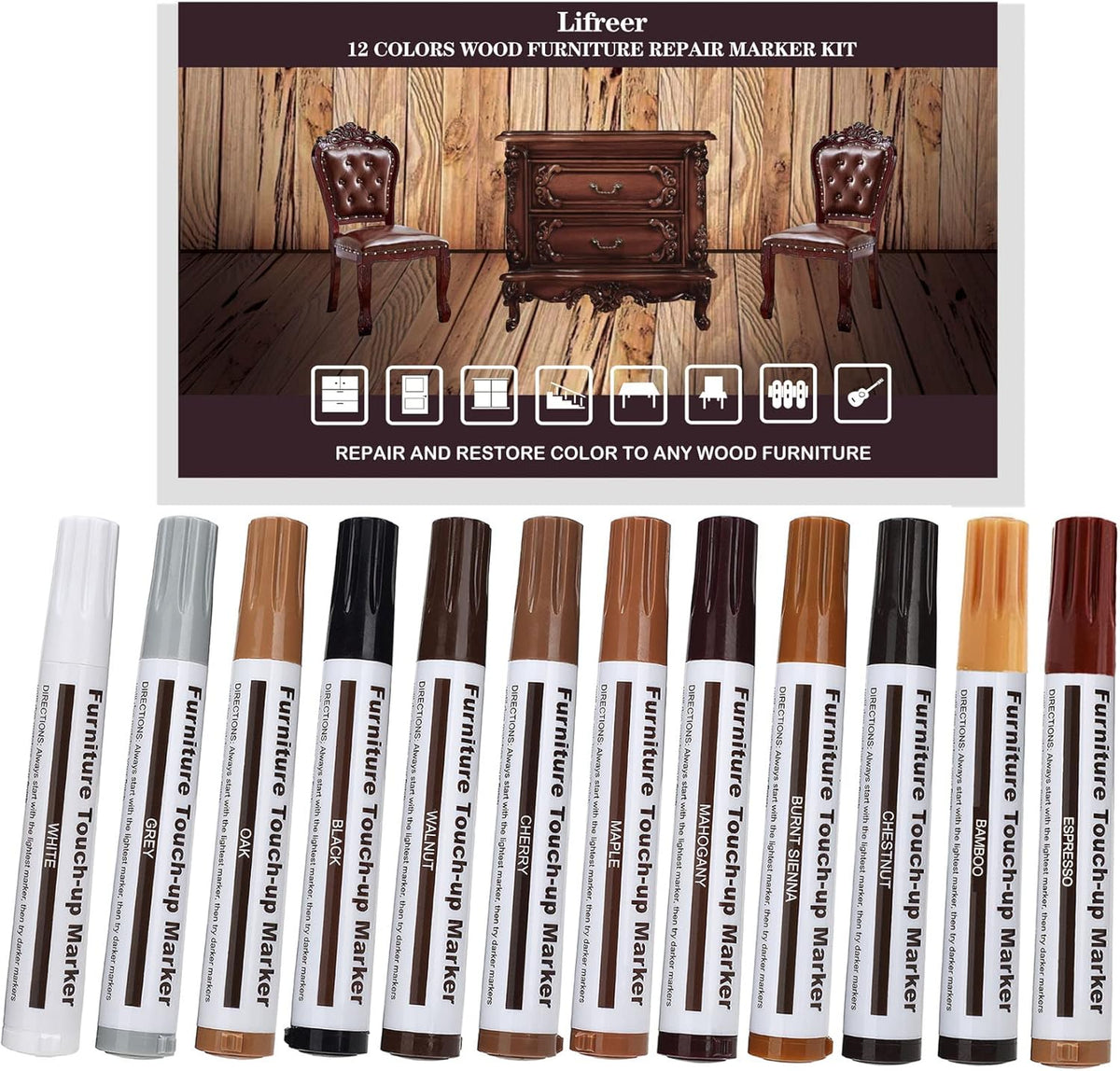 Lifreer Revolutionary Furniture Touch Up Markers, 12 Colors Wood Scratch Repair Markers Kit