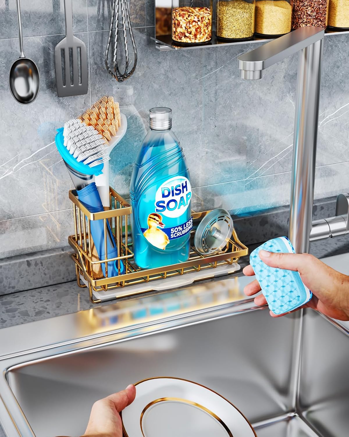 Consumest Sink Caddy, Kitchen Sponge Holder with Dish Brush Holder, Kitchen Sink Organizer with
