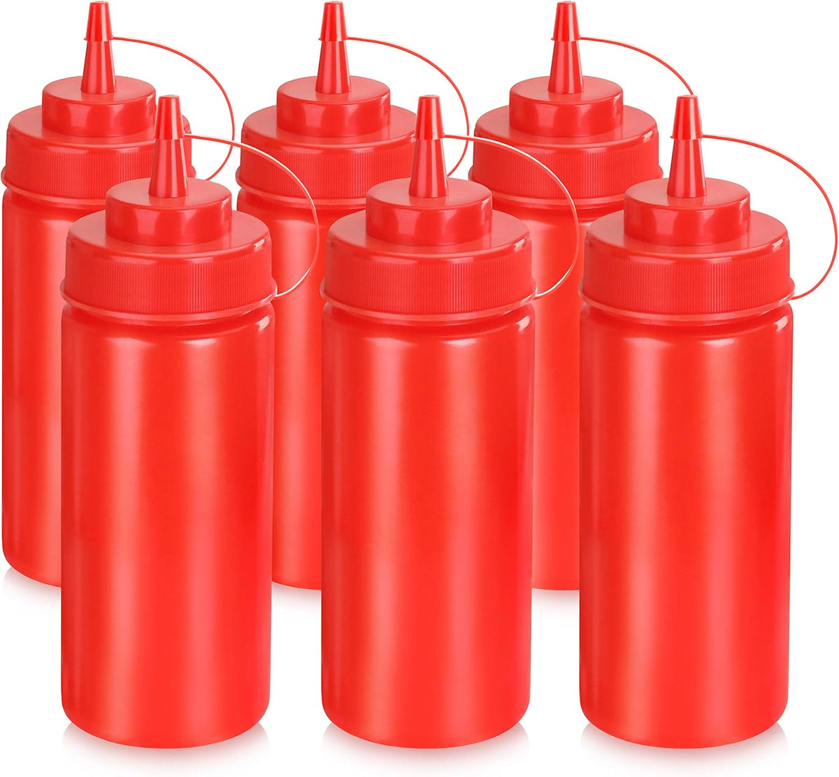 New Star Foodservice Squeeze Bottles, Plastic, Wide Mouth, 16 oz, Red, Pack of 6