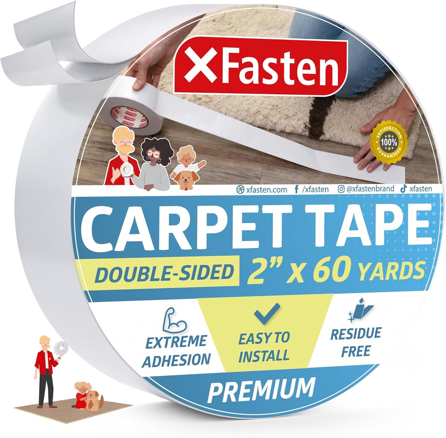 XFasten Double Sided Carpet Tape for Area Rugs, 2 Inch x 60 Yards – Heavy Duty Anti Slip Rug Grip
