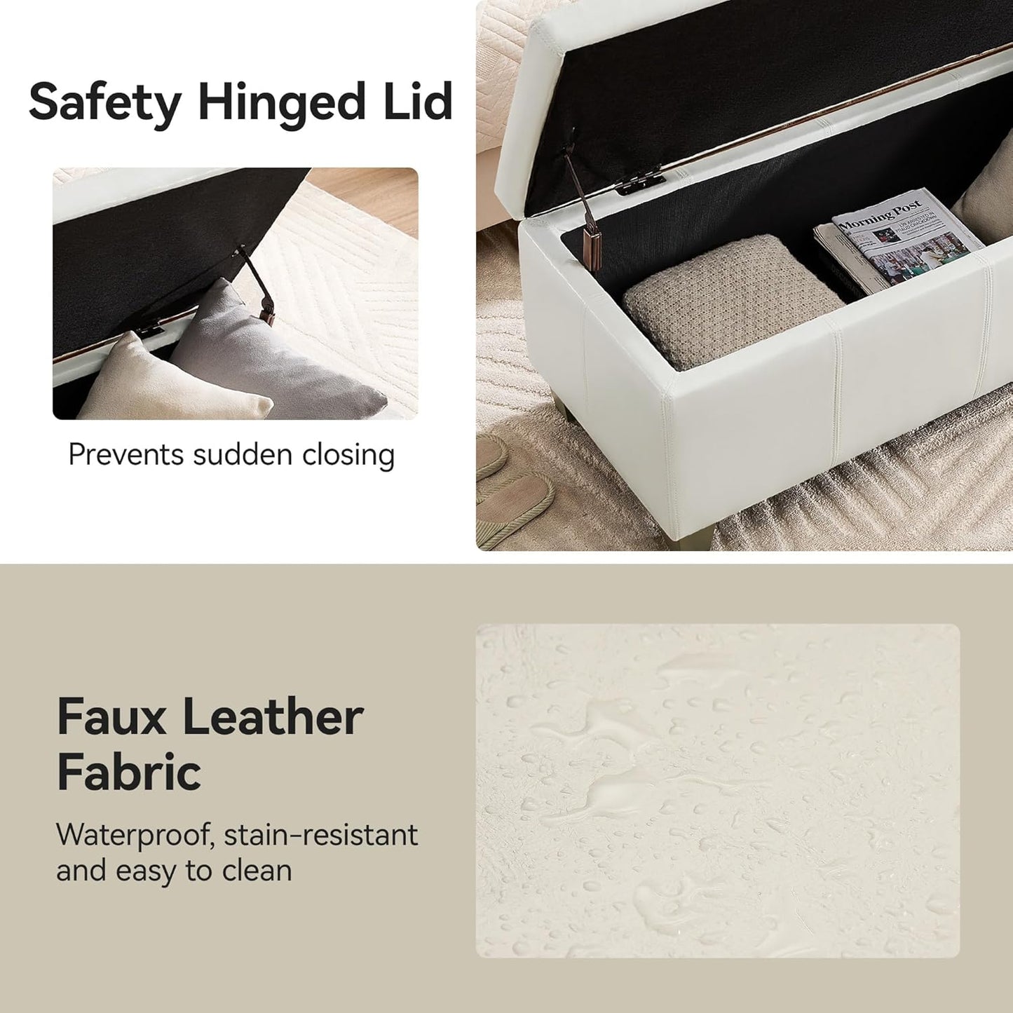 51" Faux Leather Storage Ottoman, Stitch Tufted Rectangle Upholstered End of Bed Storage Bench