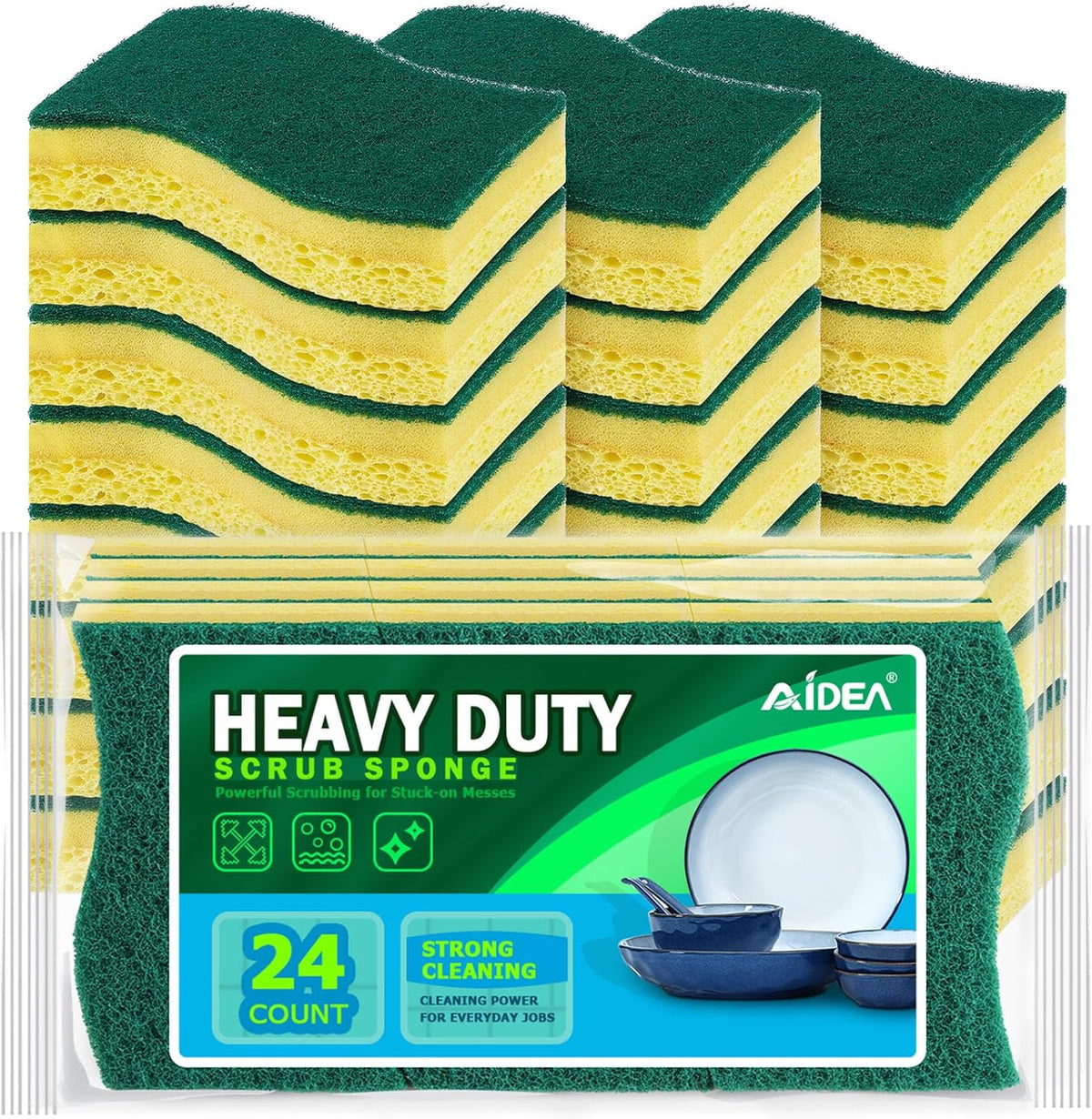AIDEA Heavy-Duty Scrub Sponges, 24Count, Sponge for Non-Coated Cookware, Kitchen Sponges for