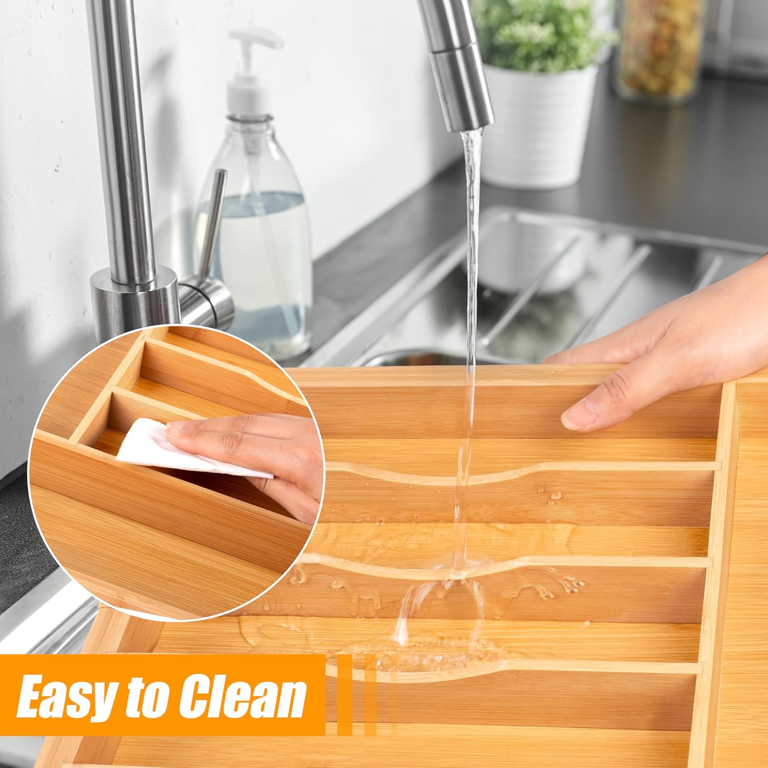 Bellsal Large Premium Bamboo Silverware Organizer - Expandable Utensil Drawer Organizer - 17"x19.6"