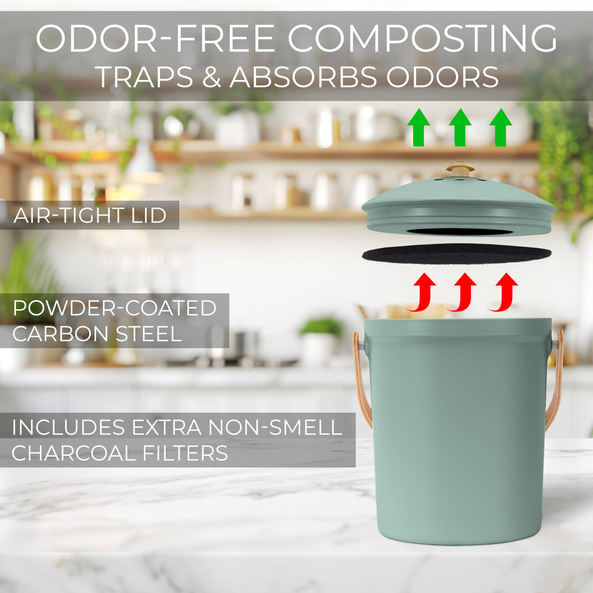 Beautiful Kitchen Compost Bin with Smell Proof Lid - Rust Proof and Odorless Compost Bucket for