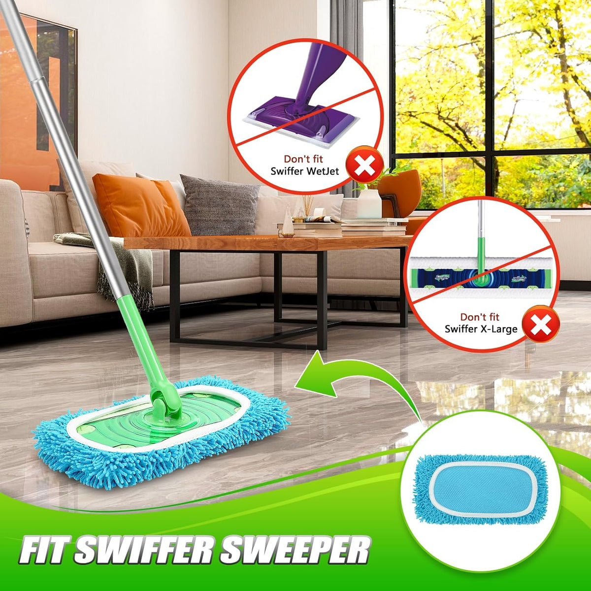 Set of 4 Reusable Microfiber Mop Pads Compatible with Swiffer Sweeper, Dry Sweeping Cloths