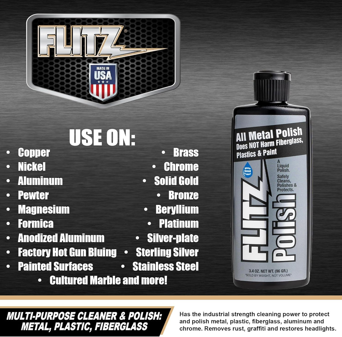 Flitz Multi Purpose Metal Polish Liquid - 3.4oz Bottle of USA-Made Tarnish Remover - For Aluminum