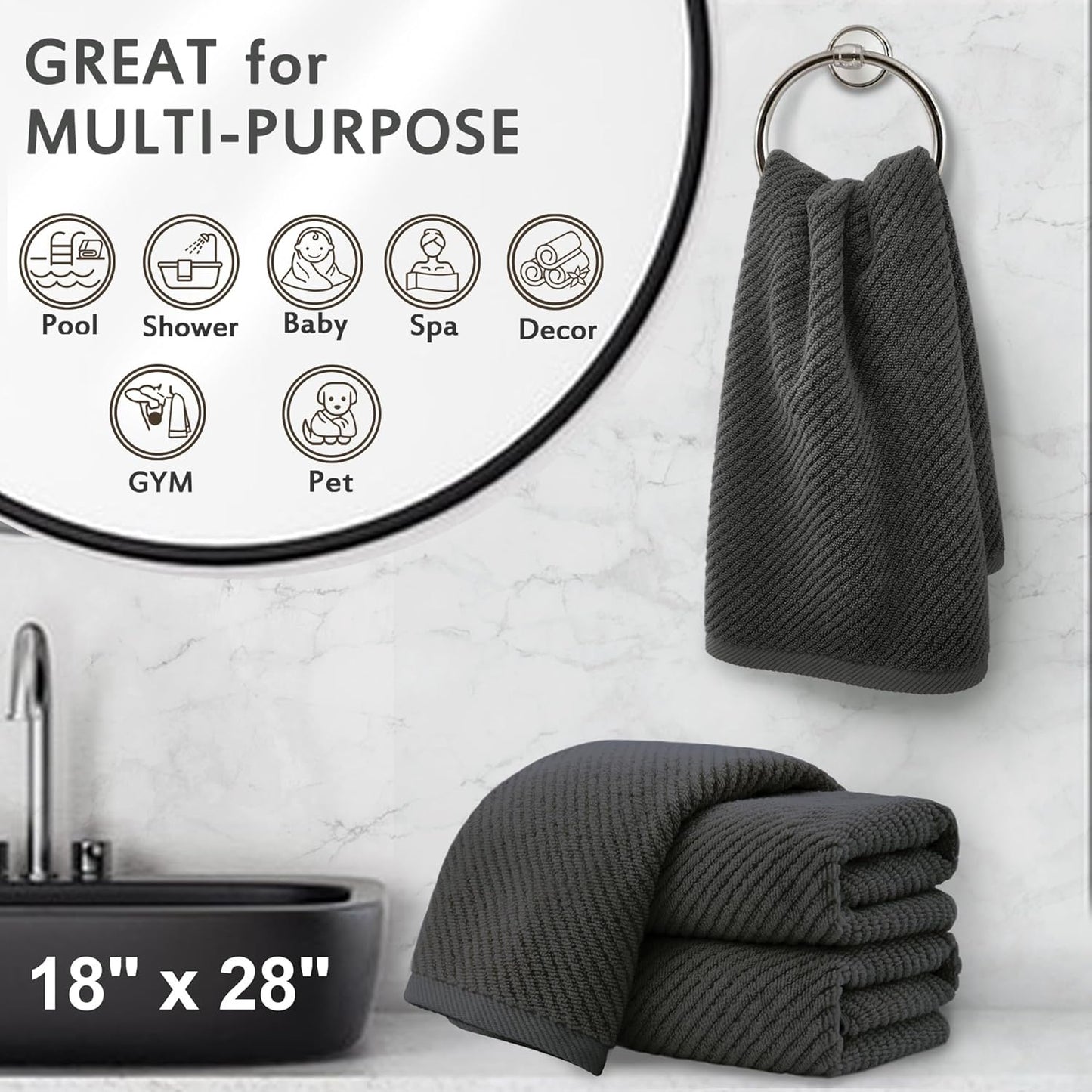 VOOVA & MOVAS Gray Hand Towels for Bathroom, Large 18" x 28" - 100% Cotton | Thick | Quick Dry |