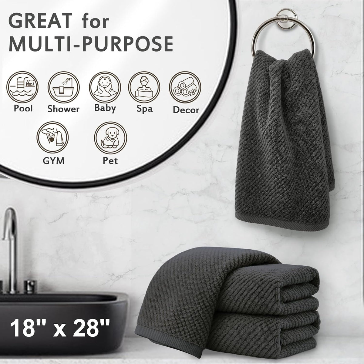 VOOVA & MOVAS Gray Hand Towels for Bathroom, Large 18" x 28" - 100% Cotton | Thick | Quick Dry |