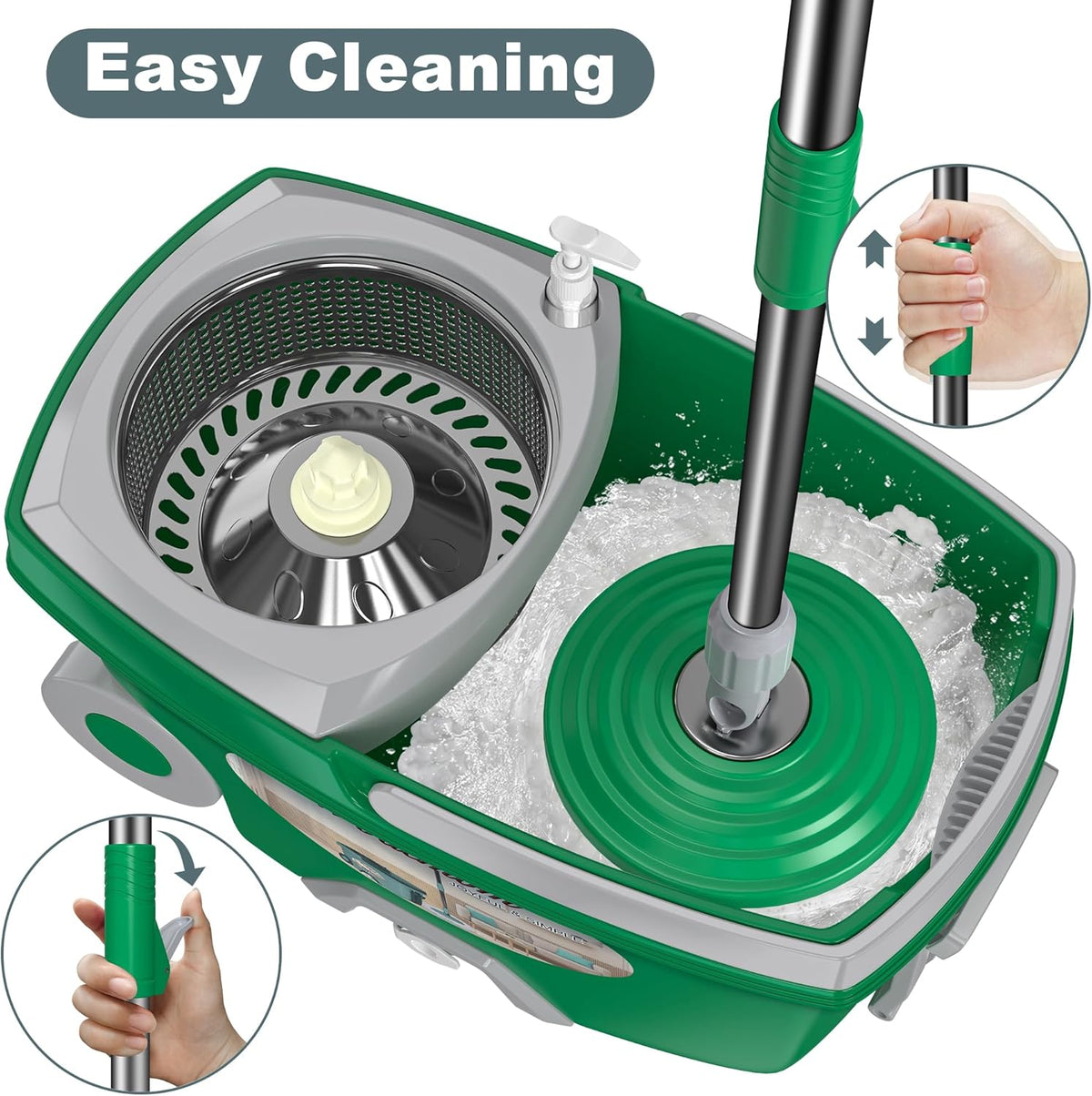 Dual Compartment Spin Mop and Bucket, Mop and Bucket with Wringer Set,360°Rotating Spinning Mopping