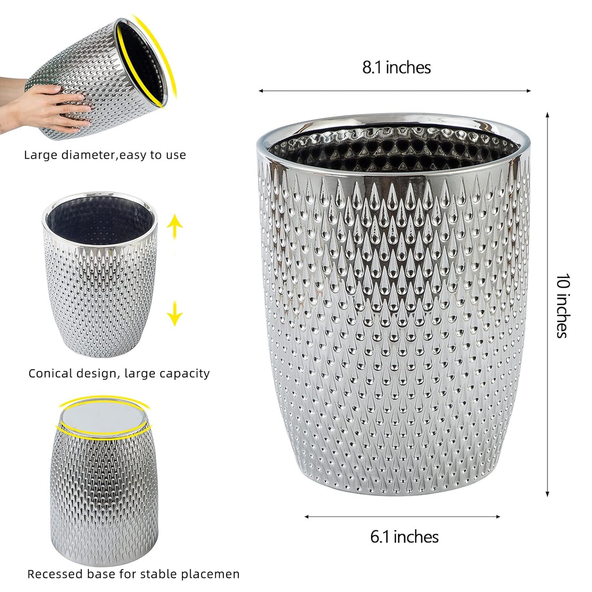 Modern Round Silver Small Trash Can Wastebasket, Garbage Container Bin for Bathrooms, Powder Rooms