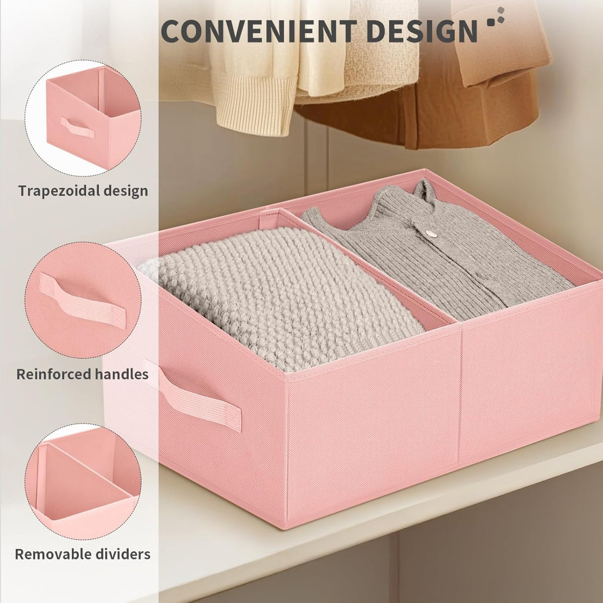 DIMJ Large Closet Shelf Organizer Bins 8 Packs with Handles and Divider, Fabric Trapezoid Storage